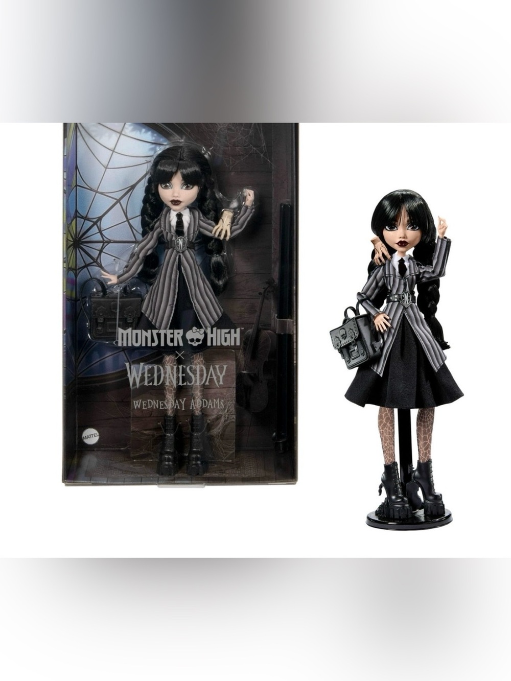 Monster High Wednesday Addams Doll — Black & Gray Striped Coat brand new in box